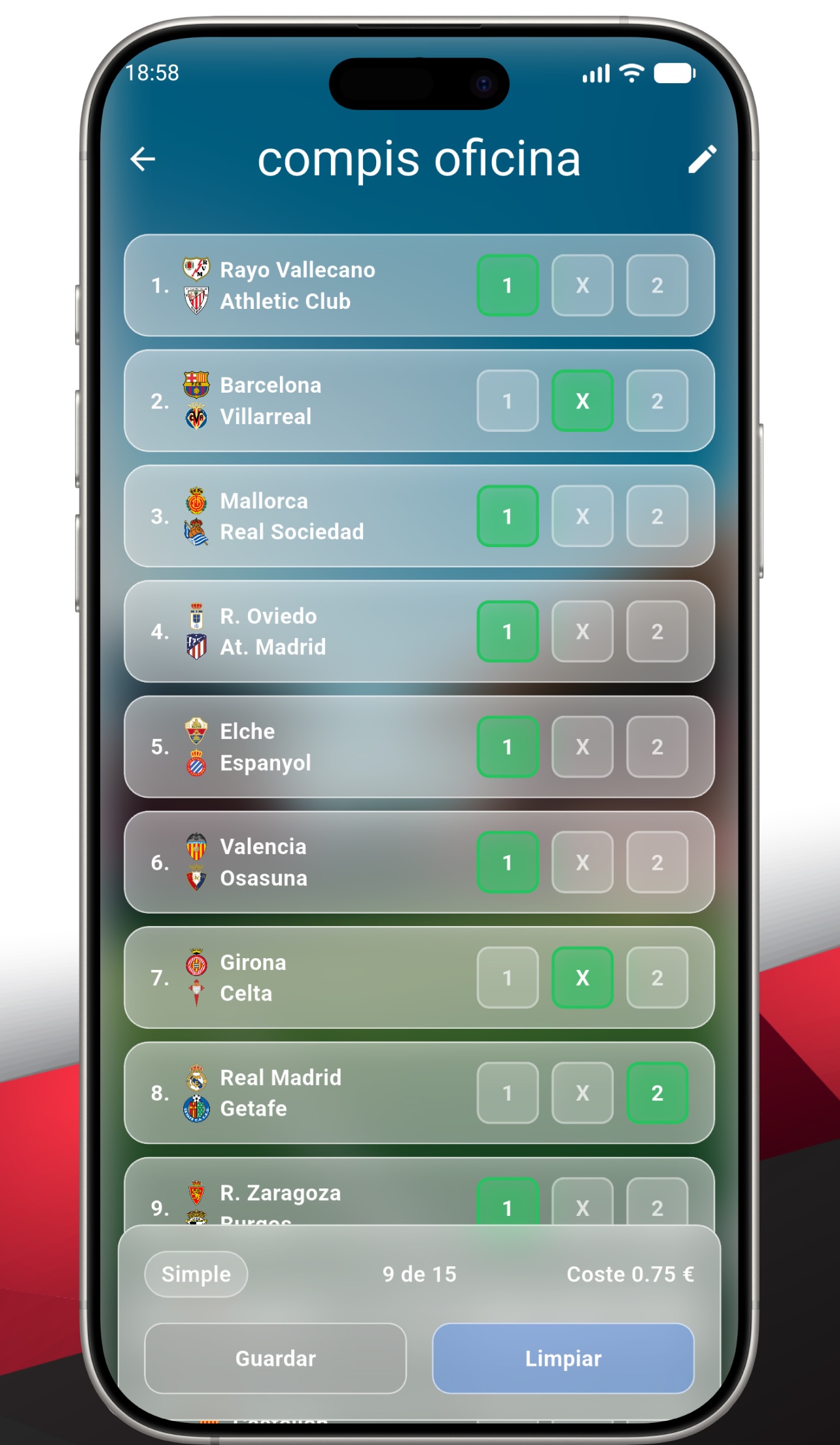 Pantalla para añadir una quiniela marcando selecciones 1 X 2