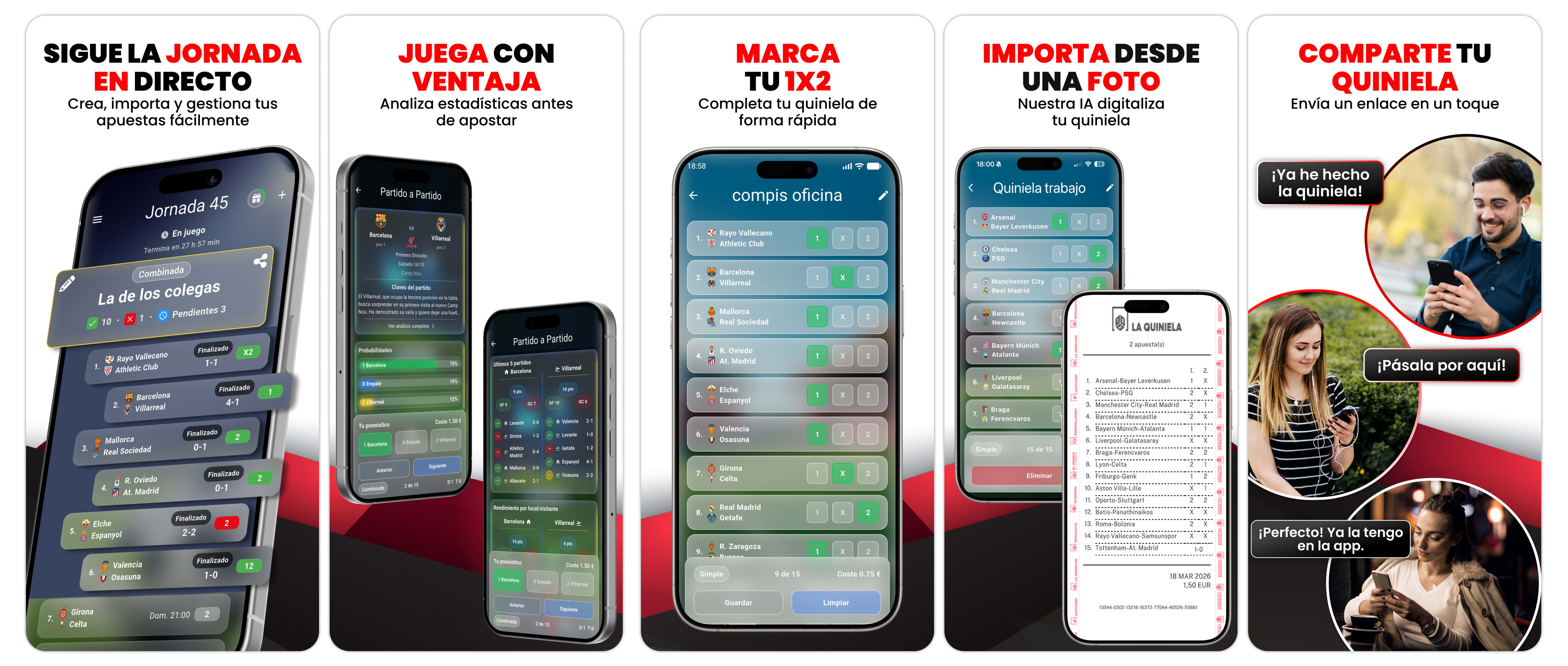 Mockups de Quiniela Directa mostrando seguimiento en directo, importación por foto con IA y opciones para compartir